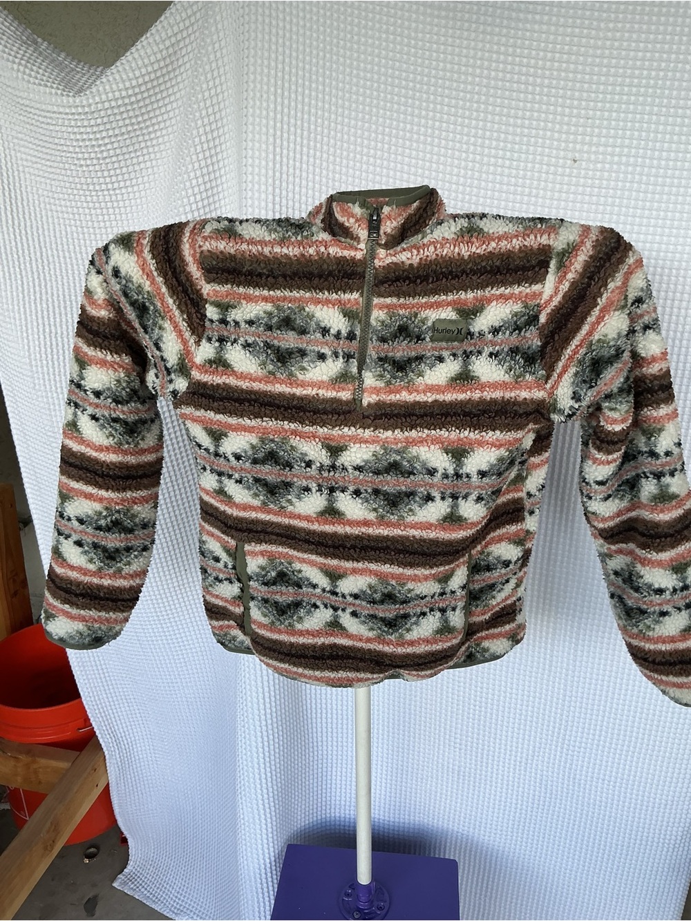 Hurley Brown, Cream, and Rust Striped Sherpa Half-Zip Jacket